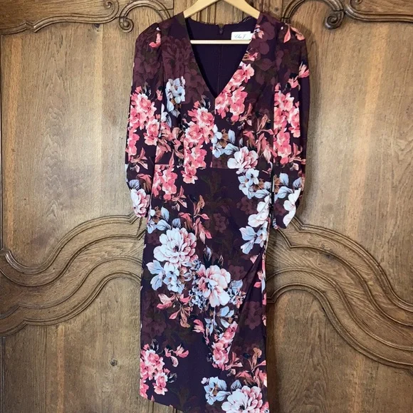 Eliza J Burgundy Purple Pink Floral Dress V Neck Fitted 3/4 Sleeve - Picture 8 of 15